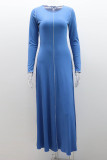 Vestido longo azul casual sólido básico com decote em O