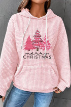 Tops básicos con cuello con capucha y estampado de árbol de Navidad informal rosa