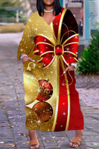Золотые повседневные базовые платья с длинным рукавом с принтом и v-образным вырезом