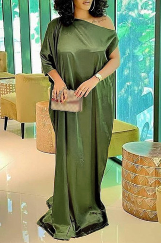 Gold Casual Solid Basic Oblique Collar Long Dress Plus Size Dresses