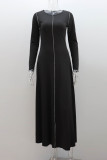 Schwarze, lässige, solide Basic-Kleider mit O-Ausschnitt und langem Kleid
