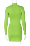 Green Casual Solid Basic Turtleneck Long Sleeve Dresses