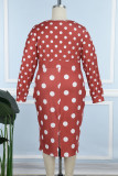 Red Casual Dot Patchwork V Neck Pencil Skirt Plus Size Dresses