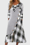 Svart grå casual plädtryck patchwork o-hals långärmade klänningar