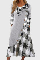 Серые повседневные платья в стиле пэчворк с круглым вырезом и длинными рукавами в клетку