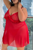 Ensemble de vêtements de nuit rouge sexy, transparent, dos nu, bretelles spaghetti, grande taille
