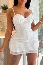 White Sexy Patchwork Hot Drilling Backless Spaghetti Strap Wrapped Skirt Dresses