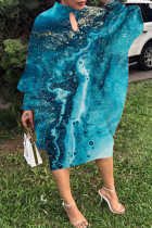 Marineblaues, lässig bedrucktes, ausgehöhltes, langärmliges Kleid mit halbem Rollkragen