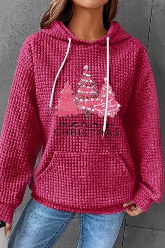 Top con colletto basic con cappuccio stampato albero di Natale casual rosa rosso