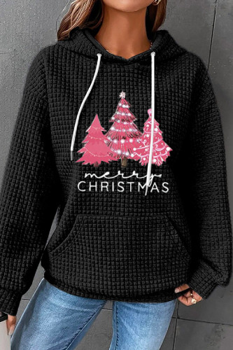 Top con colletto con cappuccio basic stampati albero di Natale casual neri