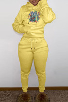 Yellow Casual Print Basic Hooded Collar Long Sleeve Two Pieces