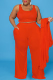 Rose Red Casual Solid Basic U Neck Plus Size Three Piece Set