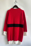 Rode casual patchwork basic O-hals jurken met lange mouwen