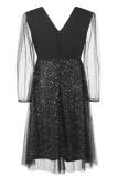 Черные повседневные лоскутные прозрачные платья больших размеров с V-образным вырезом и длинными рукавами
