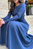 Vestido longo azul casual sólido básico com decote em O