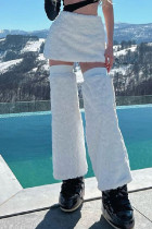 ホワイトカジュアルソリッドパッチワークスキニーハイウエストコンベンショナルソリッドカラースカート（ズボンレッグ付き）