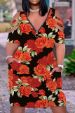 Rosa Gul Casual Print urholkat Patchwork Dragkedja V-ringad kortärmad klänning