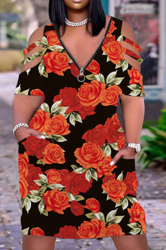 Tangerine Red Casual Print Hollowed Out Patchwork Zipper V Neck Short Sleeve Dress