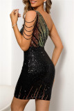 黒のセクシーなパーティーフォーマルパッチワークスパンコール背中の開いた斜め襟ラップスカートドレス