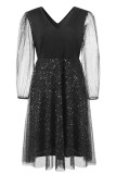 Черные повседневные лоскутные прозрачные платья больших размеров с V-образным вырезом и длинными рукавами