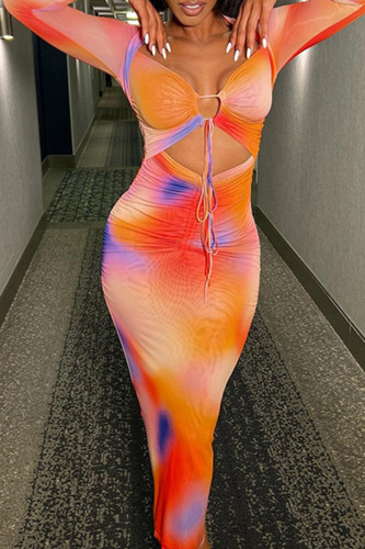 Colour Sexy Print Bandage Hollowed Out Patchwork Asymmetrical Collar Pencil Skirt Dresses