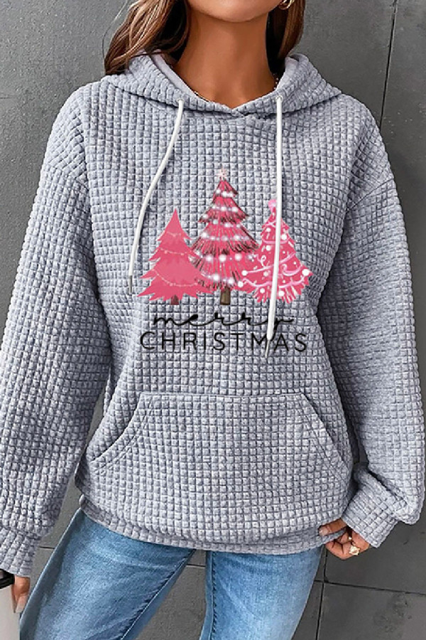 Top con colletto con cappuccio basic stampati albero di Natale casual grigio