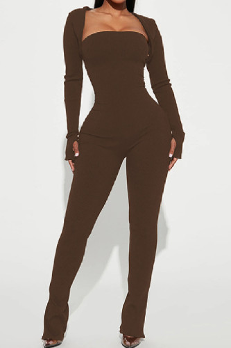 Coffee Casual Solid Basic Strapless Long Sleeve Two Pieces