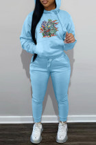 Sky Blue Casual Print Basic Hooded Collar Long Sleeve Two Pieces