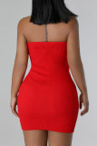 Red Sexy Solid Hollowed Out Backless Strapless Wrapped Skirt Dresses