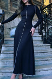 Schwarze, lässige, solide Basic-Kleider mit O-Ausschnitt und langem Kleid