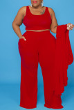 Rose Red Casual Solid Basic U Neck Plus Size Three Piece Set