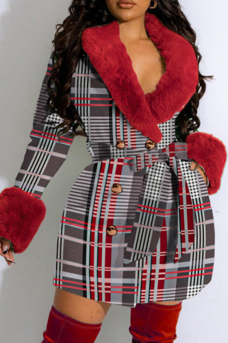 Red College Plaid Bandage Patchwork Buttons POLO collar Plus Size Overcoat