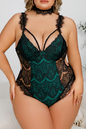 Ink Green Sexy Living Patchwork See-through Backless Spaghetti Strap Plus Size Sleepwear