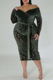 Army Green Casual Solid Frenulum V Neck Long Sleeve Plus Size Dresses