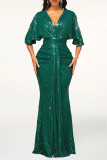 Green Casual Patchwork Sequins V Neck Evening Dress Dresses