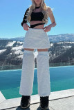 White Casual Solid Patchwork Skinny High Waist Conventional Solid Color Skirts  (With Trouser Legs)
