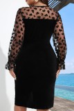 Black Casual Solid Patchwork See-through Slit V Neck Long Sleeve Plus Size Dresses