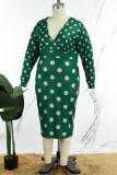 Verde Casual Dot Patchwork V Neck Saia Lápis Plus Size Vestidos