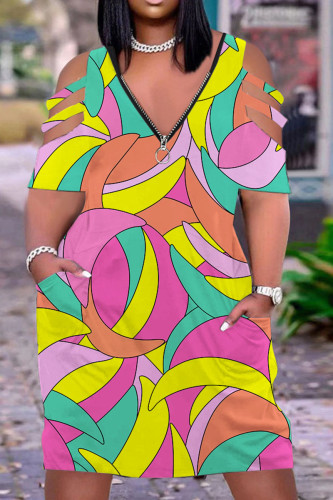 Pink Yellow Casual Print Hollowed Out Patchwork Zipper V Neck Short Sleeve Dress