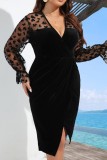 Black Casual Solid Patchwork See-through Slit V Neck Long Sleeve Plus Size Dresses