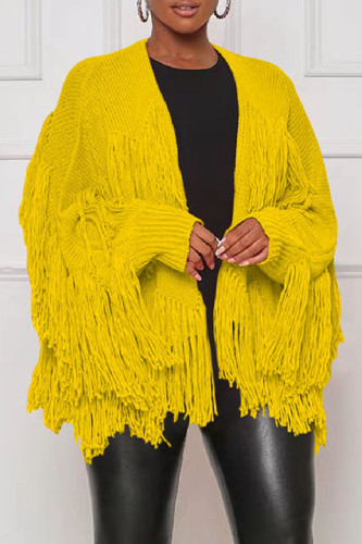 Yellow Casual Solid Tassel Cardigan Outerwear