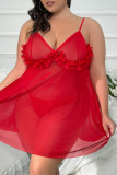 Conjunto de roupa de dormir vermelho sexy sólido transparente sem costas com alça espaguete plus size