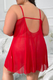 Conjunto de roupa de dormir vermelho sexy sólido transparente sem costas com alça espaguete plus size