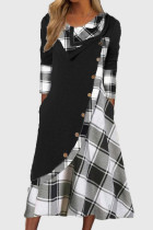 ブラックグレーカジュアルチェック柄プリントパッチワークOネック長袖ドレス