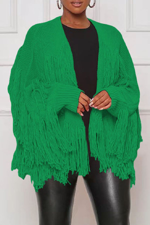 Зеленый повседневный однотонный кардиган с кисточками, верхняя одежда