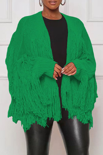 Grüne, lässige, einfarbige Cardigan-Oberbekleidung mit Quasten