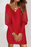White Casual Solid Patchwork V Neck Long Sleeve Dresses
