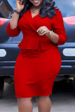 Rojo Casual Retazos lisos Volante Cuello vuelto Falda envuelta Vestidos