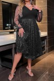 Black Casual Patchwork See-through V Neck Long Sleeve Plus Size Dresses