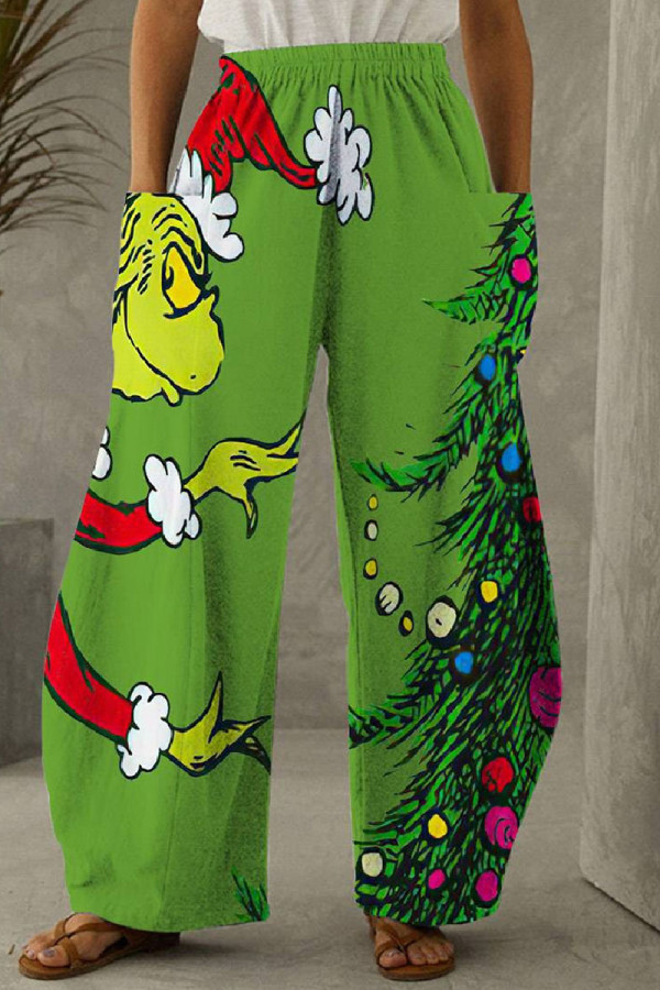 Pantalones rectos con estampado completo y rectos con bolsillo y estampado informal de cintura alta verde